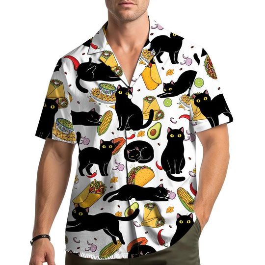 Black Cat Taco Hawaiian Shirt Men Women Youth, Funny Cat Lover Mexican Food Print Button-Down Shirt