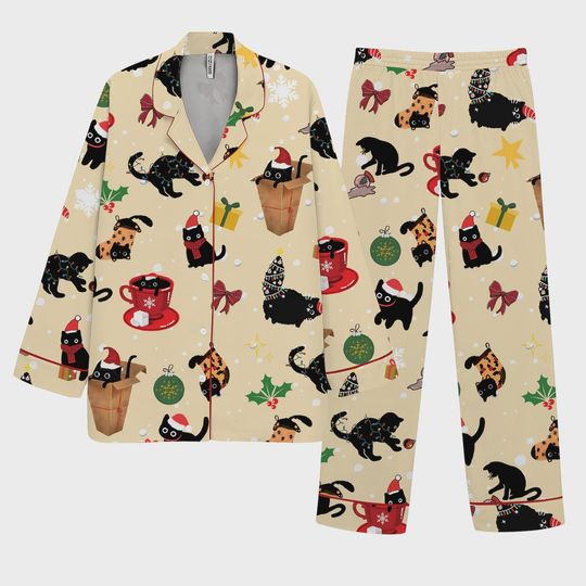 Christmas Cat Pajama Set for Women, Black Holiday Sleepwear, Button-Up Pajamas