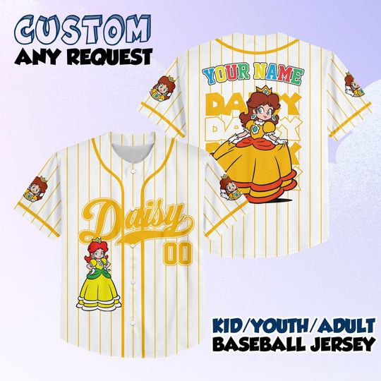 Princess Daisy Baseball Jersey, Super Mario-Inspired Yellow Striped Shirt, Custom Name Gamer Top, Retro Anime Girl Gift For Her