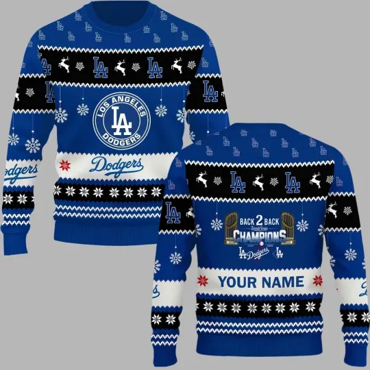 2025 Dodgers Back 2 Back World Series Ugly Christmas Sweater
