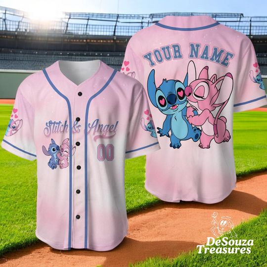 Stitch & Angel Baseball Jersey Cute Couple Pink Custom Name Shirt  Disney Lovers Valentine Gift Top