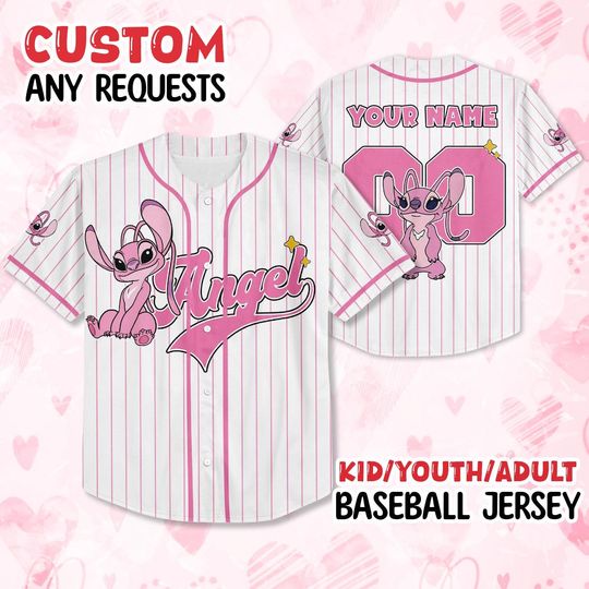 Custom Disney Lilo and Stitch Angel Baseball Jersey, Gift for Kids, Disney Birthday Gift, Gift For Baseball Fans, Disney Lilo and Stitch