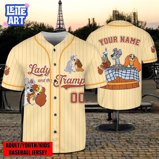 Personalized Lady The Tramp Baseball Jersey  Disney Couple Love, Magic Kingdom and Disneyland Vacation Matching Jersey