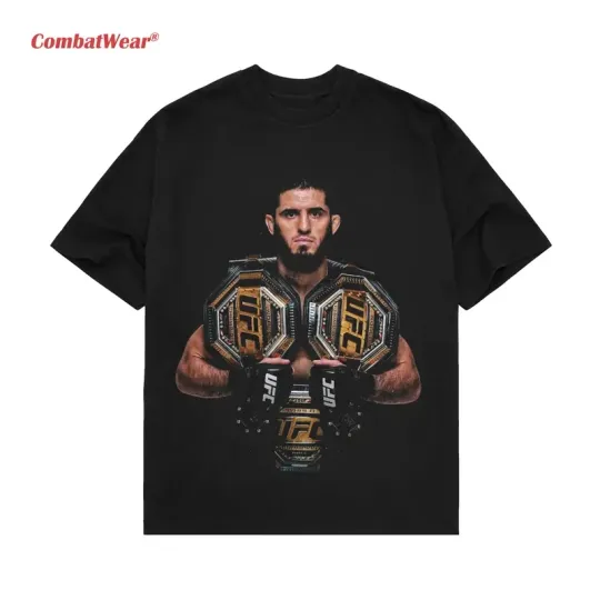 COMBATWEAR Islam Makhachev Double Champ Tee, UFC MMA Fan Custom Graphic Design