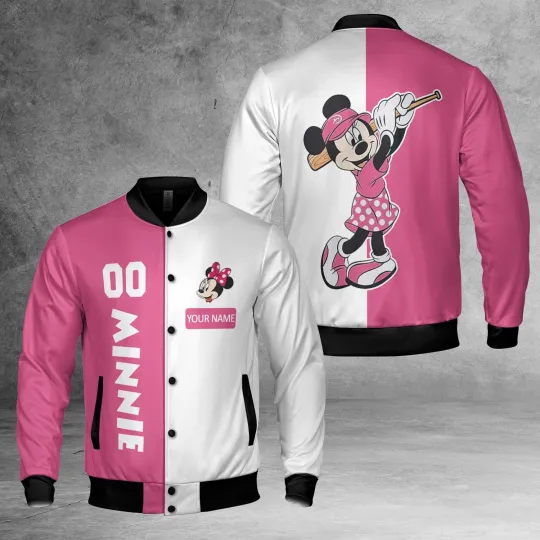 Personalized Love Playing Baseball Minnie Mouse Pink & White Jacket