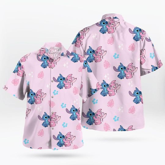 Stitch and Angel Pink Hawaiian Shirt, Tropical Cute Print, Couple Aloha Shirt, Beach Shirt for Men and Women
