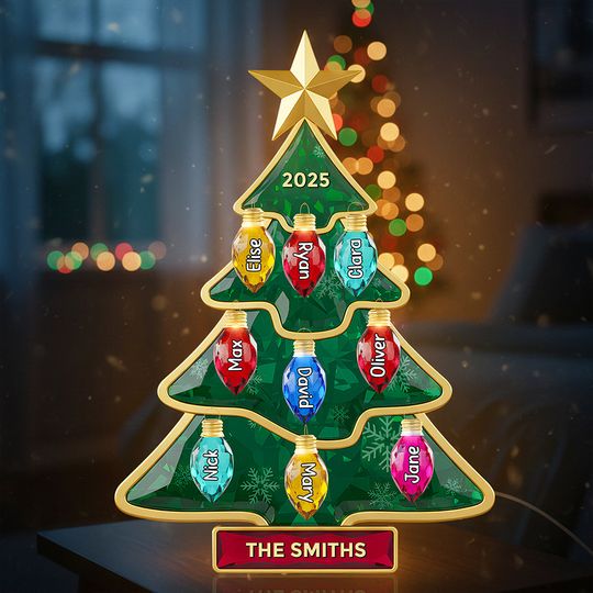 Christmas Tree Family Light Box - Personalized Gifts For Family Custom Shape Acrylic Light Box