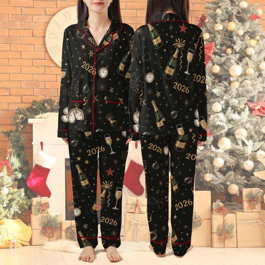 Discover Happy New Year 2026 Pajamas Shirt, New Year's Eve Pajamas, Festive Party Button Down Shirt for Men Women