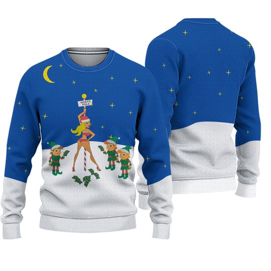Adult Blue Tacky Ugly Christmas Sweater North Pole Santa Stripper Elf Money