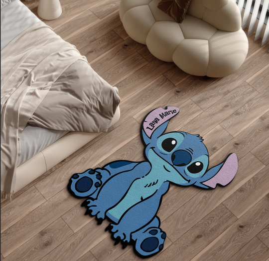 Blue Monster Personalized Cashmere Rug, Ohana Family Furry Area Rug, Fluffy Mat for Cartoon Fan Gift