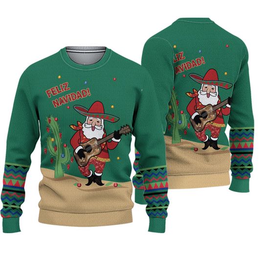 Holiday Time Sweater Womens Large Green Feliz Navidad Santa Sombrero Ugly Xmas