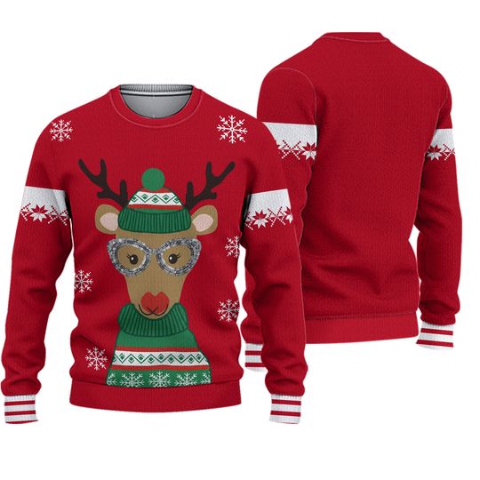 New Directions Lady Rudolf Ugly Christmas Sweater Pullover Womens