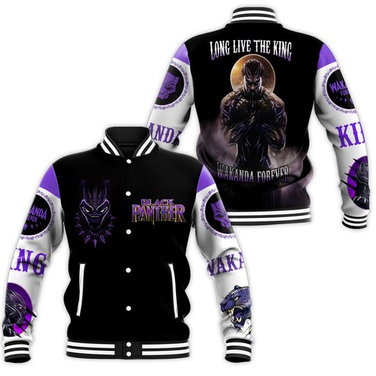 White Marvel Black Panther Long Live The King Wakanda Forever Baseball Jacket