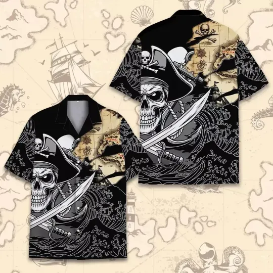 Discover Pirate Skull Hawaiian Button Down Shirt