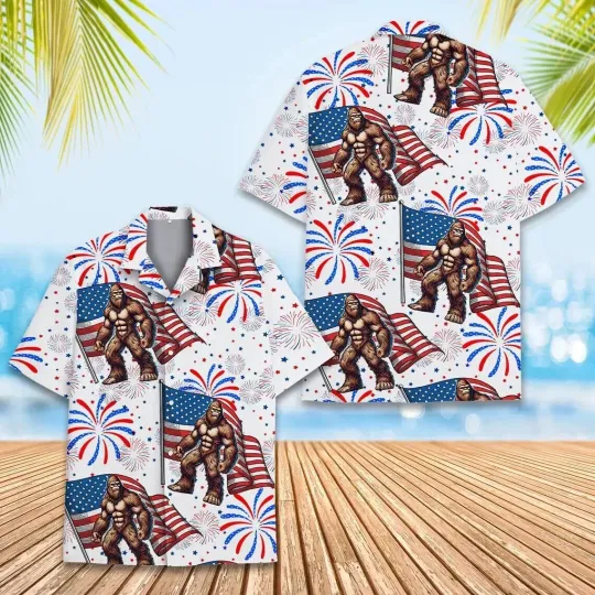 Discover Patriotic Bigfoot Hawaiian Button Down Shirt