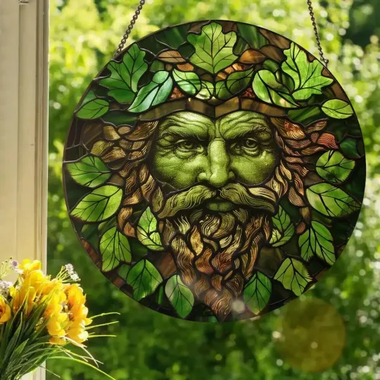 Discover Green Man Stained Glass Suncatcher, Green Man Window Hanging Decor