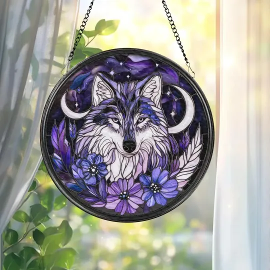 Discover Personalized Majestic Wolf Stained Glass Suncatcher, Decor Gift