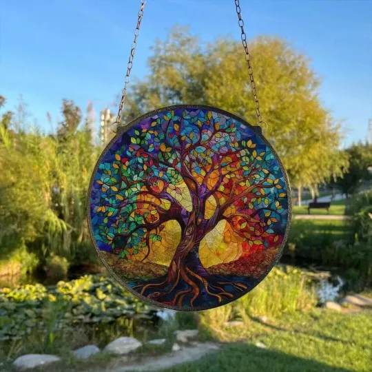 Discover Colorful Tree Stained Glass Suncatcher, Window Hanging Decor