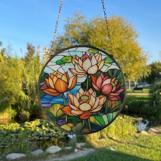 Discover Lotus Field Stained Glass Suncatcher, Decor Gift