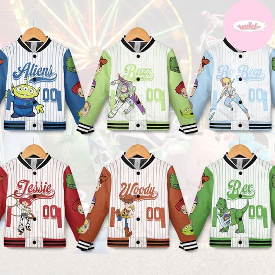 Discover Personalized Disney Toy Story Baseball Jacket, Buzz Lightyear Woody Jessie Bo Peep Rex Birthday Group Kid Youth Adult Team
