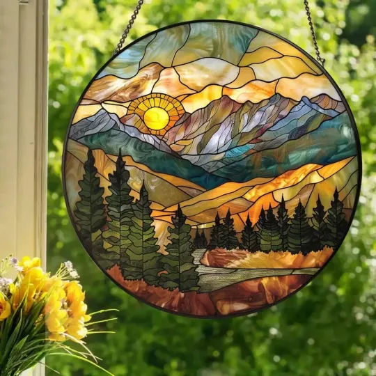 Discover Mountain Range Stained Glass Suncatcher, Window Hanging Decor