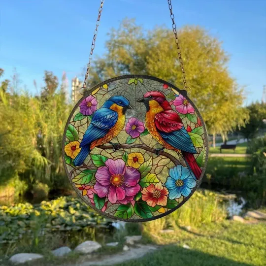 Discover Flowers & Birds Stained Glass Suncatcher Window Hanging Decor
