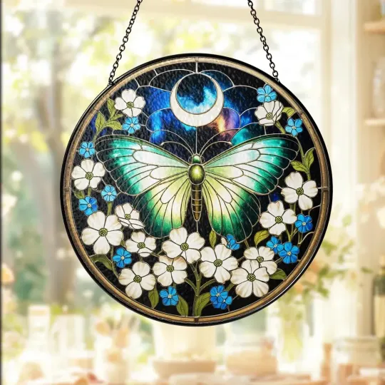 Discover Lunar Moth and Moon Stained Glass Suncatcher, Decor Gift