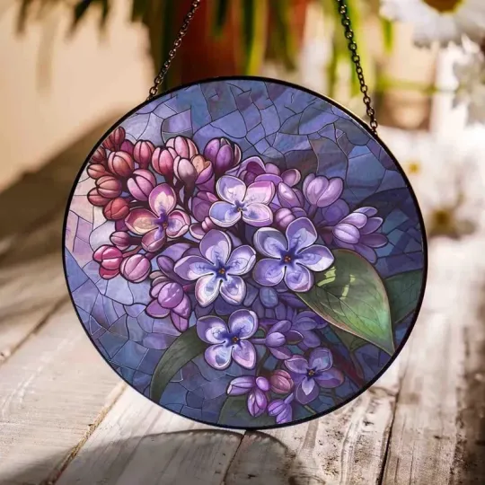 Lilac Bouquet Glass Suncatcher, Flowers Lilac Stained Glass, Lilac Bouquet