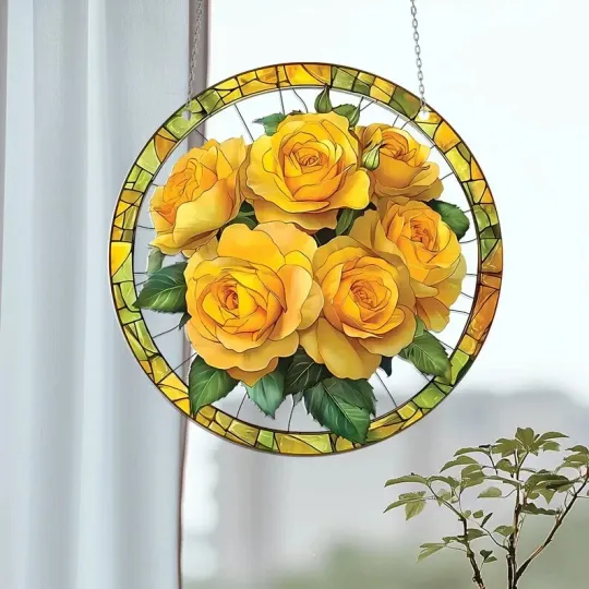Discover Yellow Rose Stained Glass Suncatcher, Window Hanging Decor