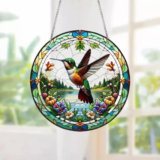 Discover Hummingbird Flower Stained Glass Suncatcher, Window Hanging Decor