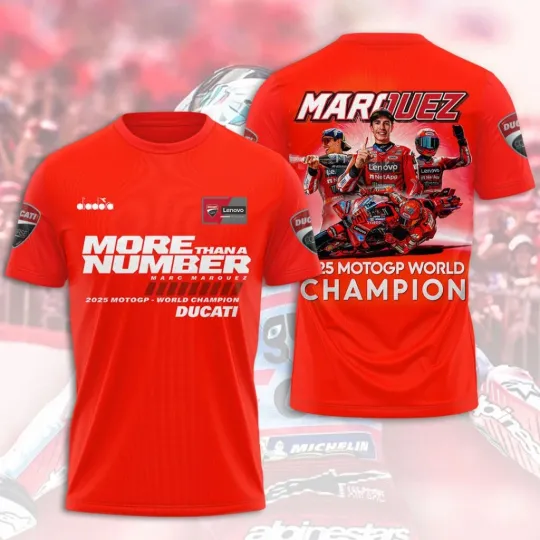 Discover Duca Lenovo Team x Marc Marquez 2025 World Champion 3D AOP Shirt S-5XL