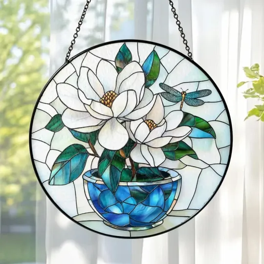 Discover Magnolia Flower Stained Glass Suncatcher Window Hanging Decor