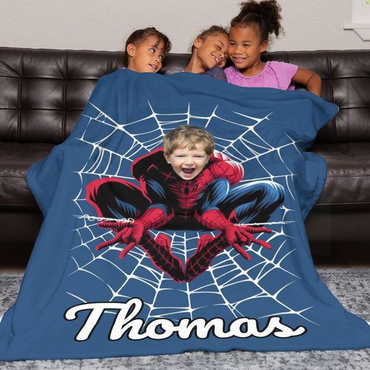 Discover Personalized Spider Hero Fleece Blanket with Photo and Name for Kids