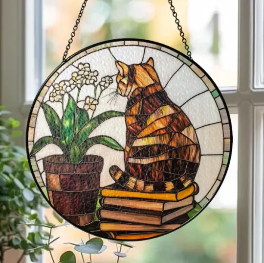 Discover Cat and Book Stained Glass Suncatcher, Suncatcher Lovers Hanging Gift