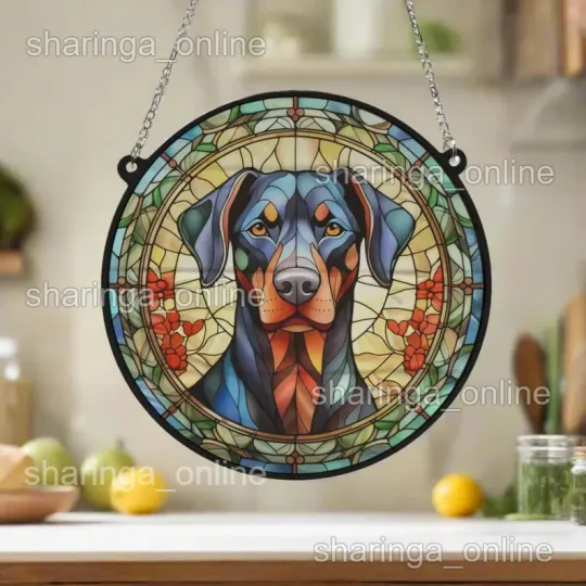 Doberman Dog Stained Glass Suncatcher, Suncatcher Lovers Hanging Gift