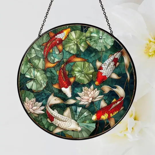 Discover Koi Fish Stained Glass Suncatcher, Window Hanging Decor