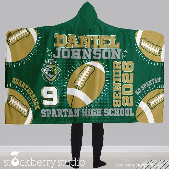 Football Player Hooded Blanket Personalized Fleece Plush Sports Senior Night Graduation Gift Kids Team Dorm Hood Blanket Gifts Game Day