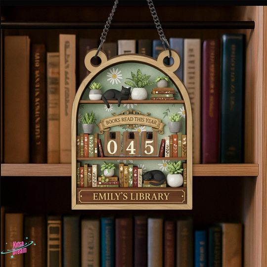 Discover Custom Books Read This Year Sign, Personalized Reading Tracker Plaque, Cat and Succulent Decor, Cozy Book Nook Gift, Reading Challenge