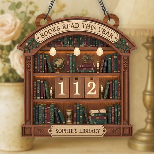Discover Books Read This Year wooden tracker, bookshelf reading tracker sign, customizable book lover gift, personalized library decor