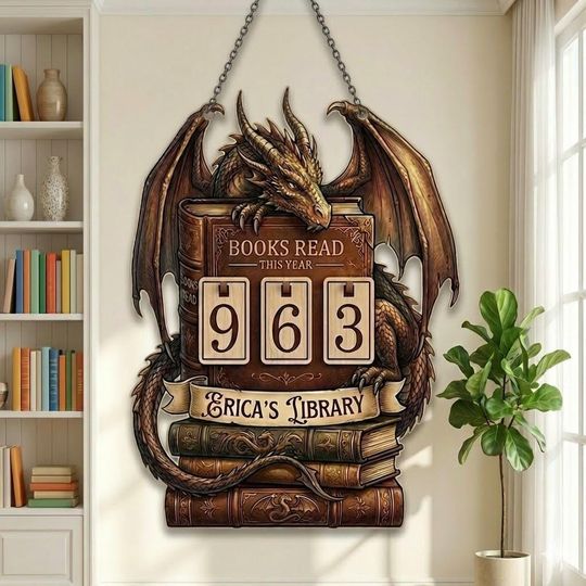 Discover Personalized Dragon Book Tracker, Wooden Number Sign, Custom Library Decor