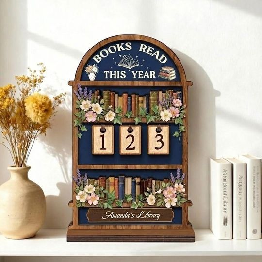 Navy Wooden Book Tracker Sign, Personalized Reading Counter, Books Read This Year Decor, Custom Library Gift for Book Lovers