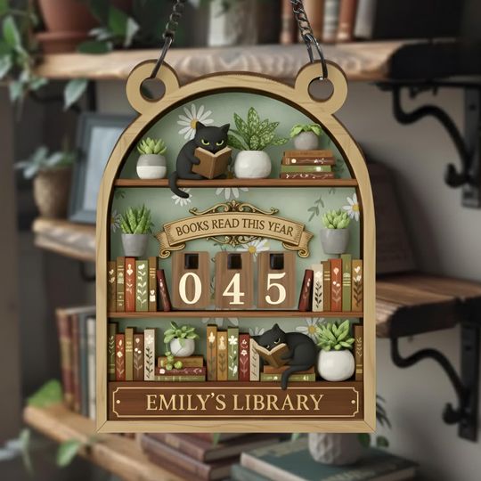 Discover Custom Books Read This Year Sign, Personalized Reading Tracker Plaque, Cat and Succulent Decor, Cozy Book Nook Gift, Reading Challenge
