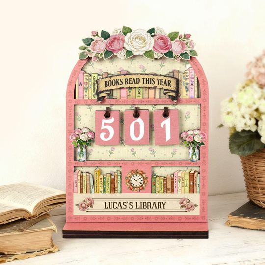 Discover Vintage Floral Book Tracker, Books Read This Year Sign, Personalized Reading Goal Counter, Wooden Bookshelf Decor Gift