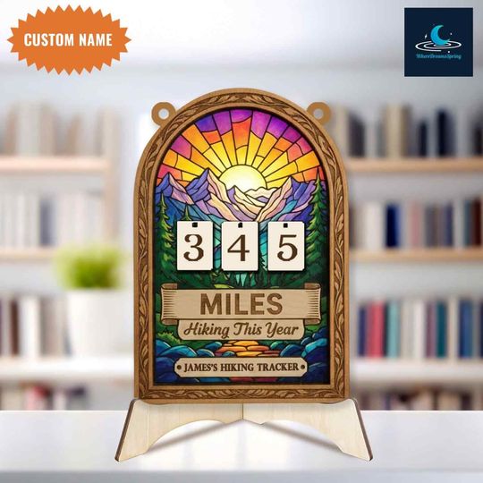 Discover Personalized Mountain Hiking Miles Tracker Sign, Stained Glass Mileage Tracker, Custom Distance Display, Outdoor Adventure Wall Dcor.