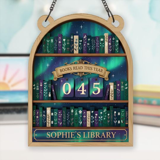 Discover Aurora Borealis Reading Tracker, Wooden Book Count Sign, Personalized Bookshelf Decor, Custom Book Display, Reader Gift