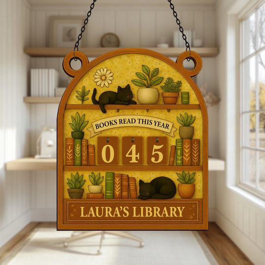 Discover Personalized Book Tracker Sign, Custom Reading Counter Decor, Cat Lover Library Wall Display, Bookworm Gift