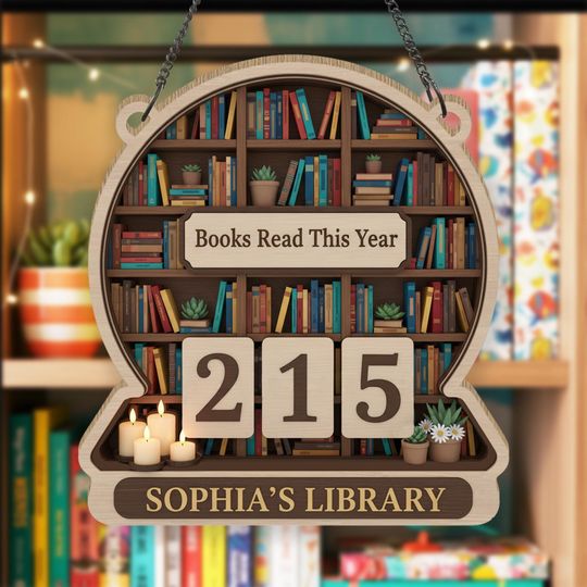Discover Personalized Wooden Book Tracker Sign with Bookshelf and Candles, Reading Counter, Custom Library Gift, Bookshelf Decor