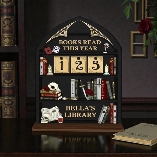 Discover Custom Library Gothic Book Tracker Sign, Dark Academia Reading Counter with Skulls and Roses, Red and Black Decor, Book Lover Gift