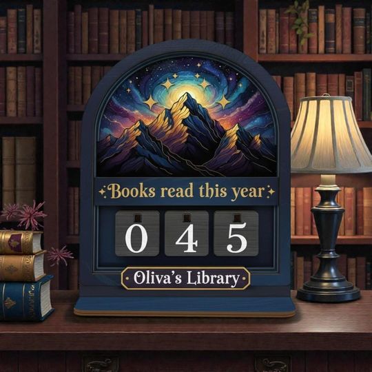 Discover Personalized Library Mountain Sunset Book Tracker, Starry Night Reading Counter Sign, Wood Nature Theme Decor, Gift for Book Lovers