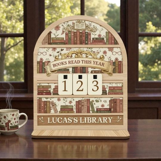Library Personalized Vintage Floral Book Tracker, Custom Wood Reading Counter, Antique Style Library Sign, Gift for Book Lovers